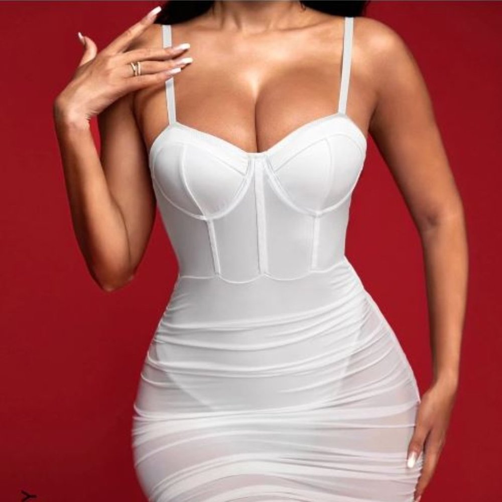 Sheer Contrast Mesh Ruched Bustier Bodycon Dress